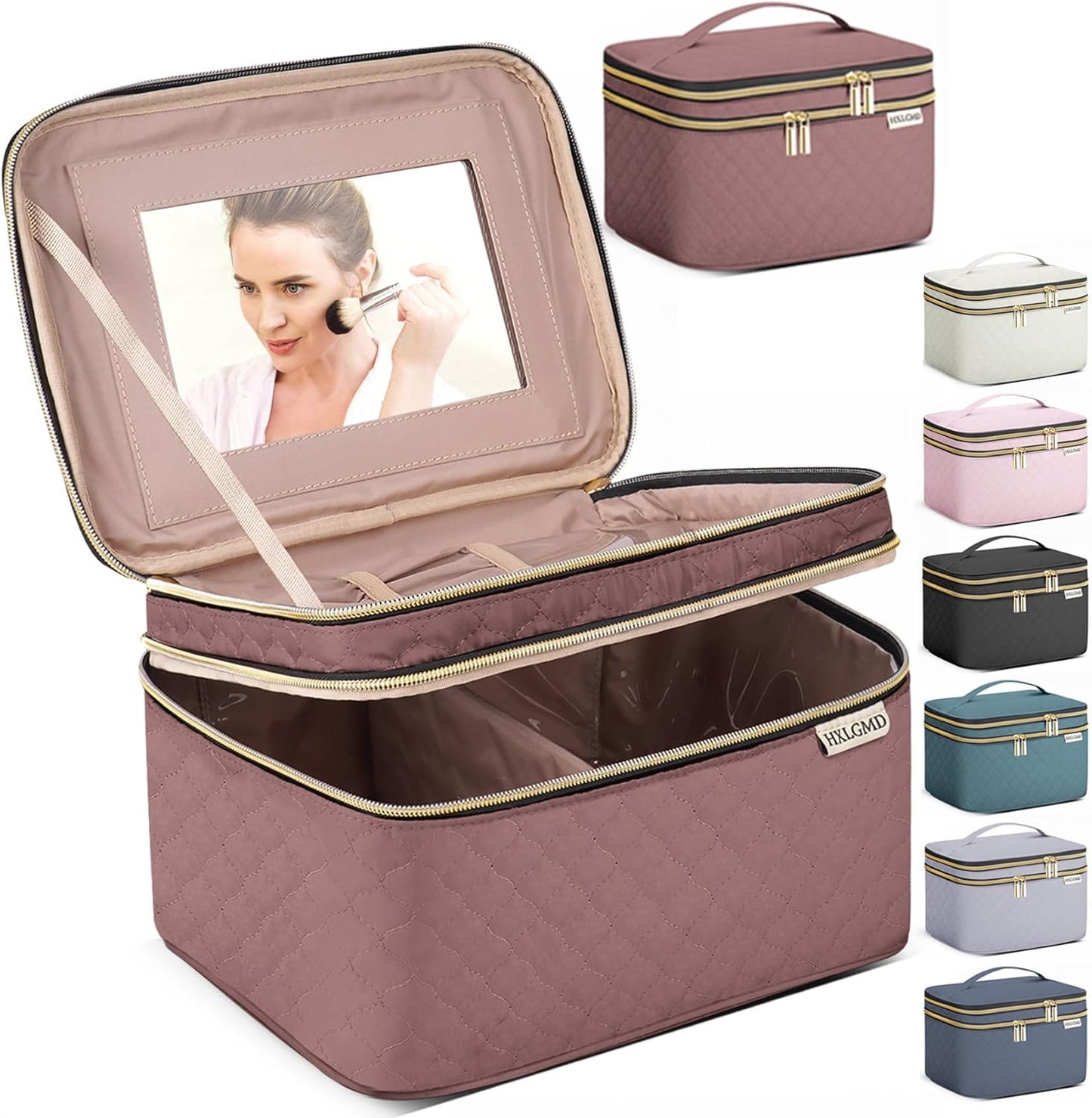 Large Makeup Bag with Mirror Double Layer Travel Make Up Organizer Case, Large Capacity Coemetic Bag with Brush Slot Divider