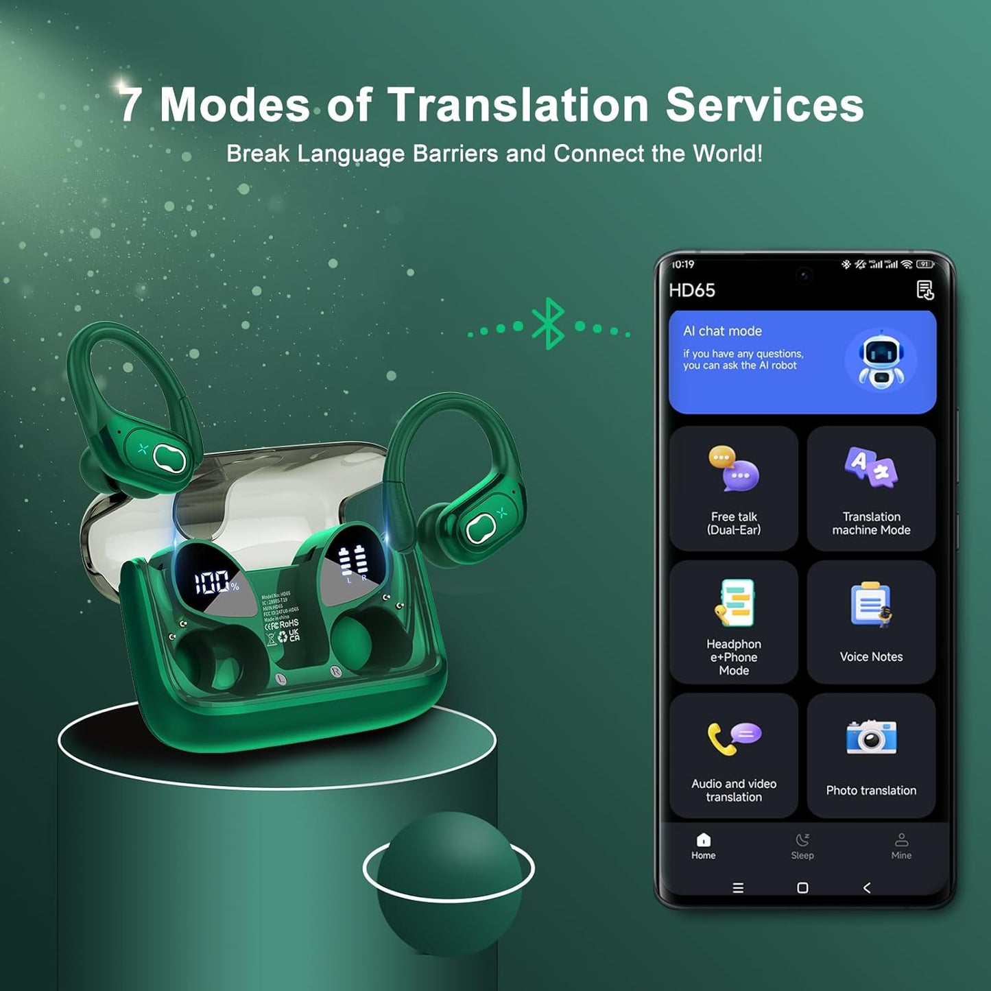 AI Translation Earbuds Real Time, 164 Language Translator Earbud 3-in-1 Bluetooth 5.4 Translator Earbuds with 6 Translation Modes, 75H Translators Headphones with APP for Travel Business, Dark Green