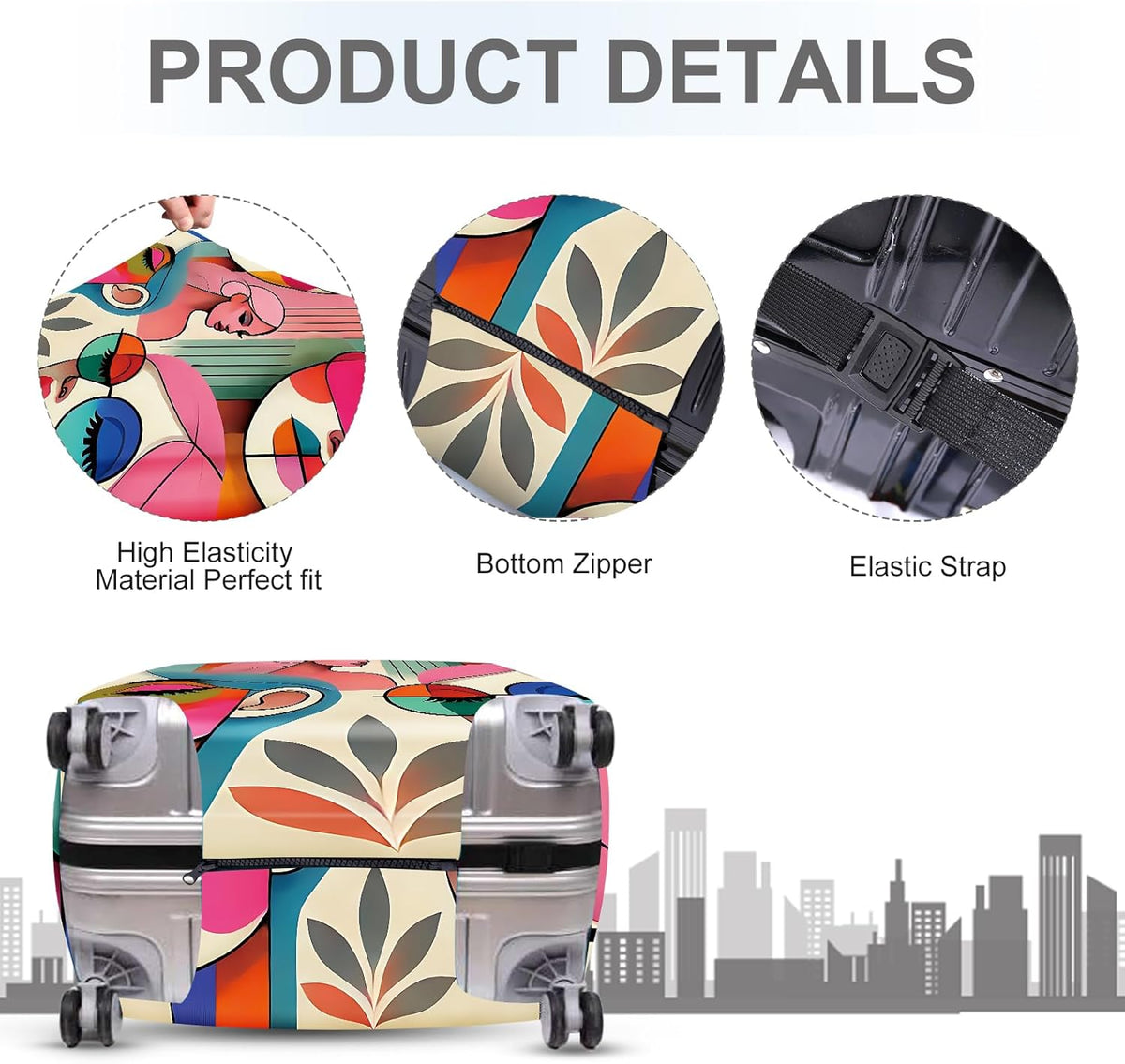 ANNA QUEEN Modern Art Fashion Luggage Cover, Stylish Abstract Woman Suitcase Protector, Washable, Stretchable Travel Sleeve for 32-34 Inch Luggage, Trendy, Colorful Design