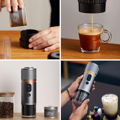 CONQUECO Portable Espresso Coffee Machine: 12V Electric Small Travel Expresso Maker - Self Heating 8 Cups Battery Powered Compatible for Nespresso Capsule - for Camping RV Hiking Office (Pearl White)