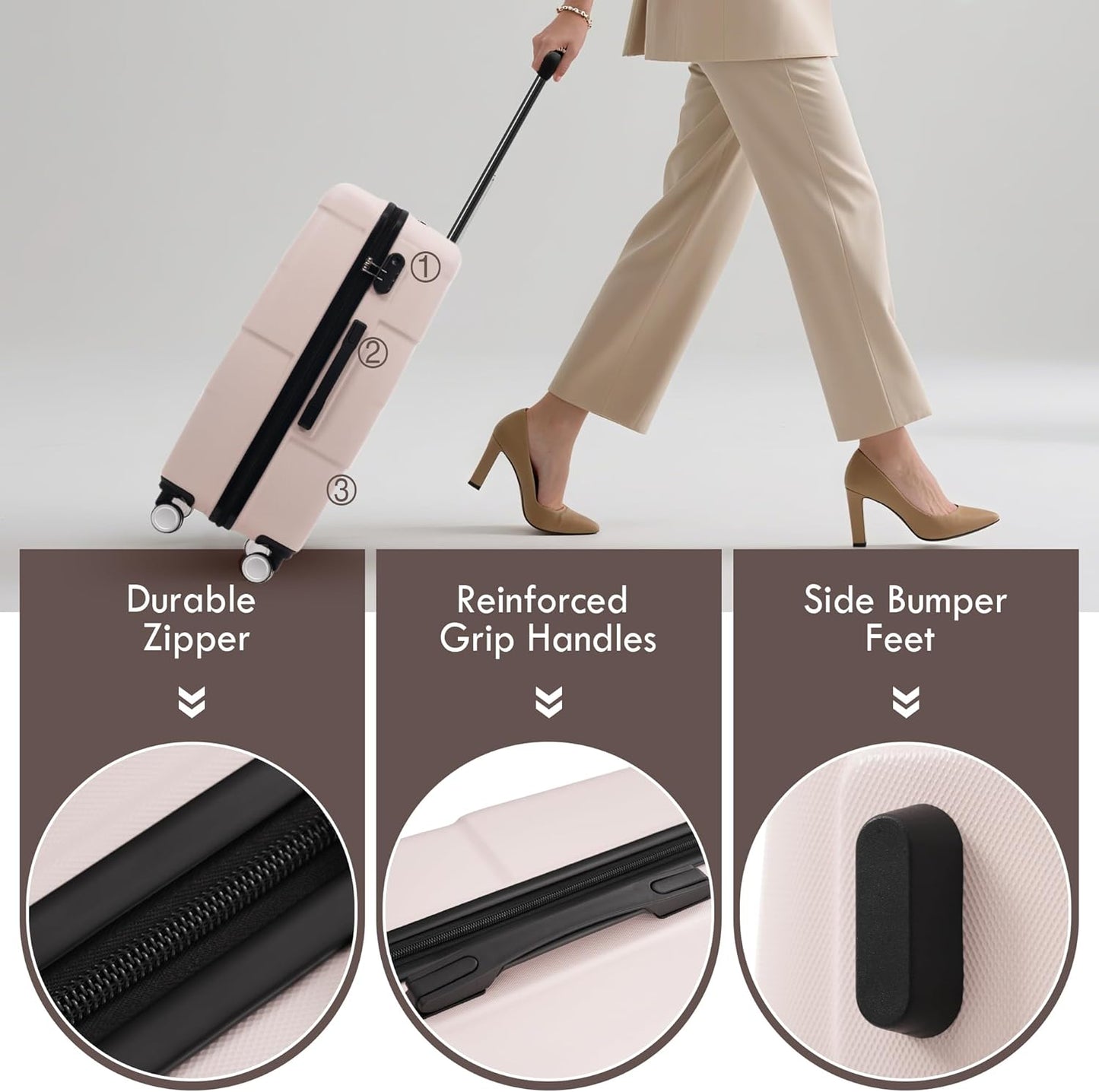 Merax Luggage Sets of 3 Piece Carry on Suitcase Airline Approved,Hardcase Suitcase Set with Double Spinner Wheels,Light Pink