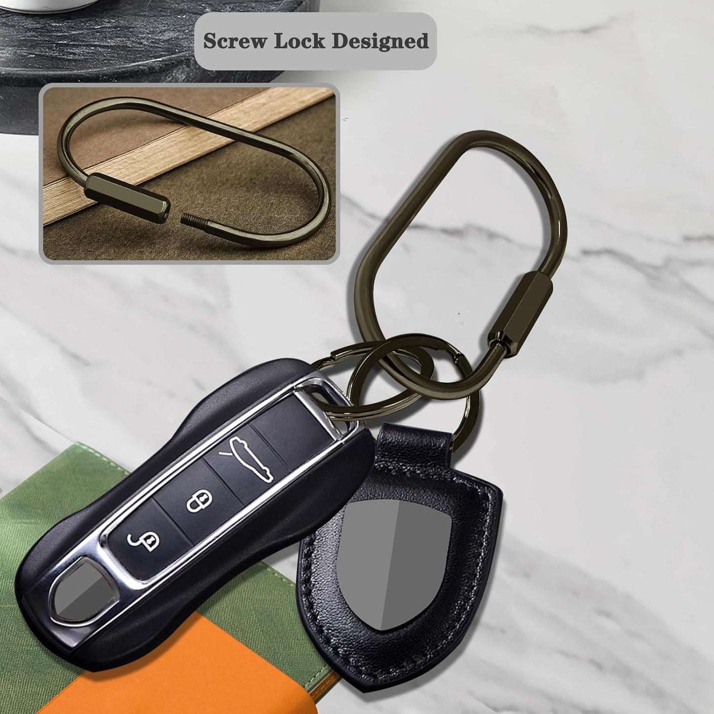 Key Chain, Brass Key Rings 2 Pack Screw Lock Key Organizer with 4 Rings Carabiner Keychain Clip for Men and Women