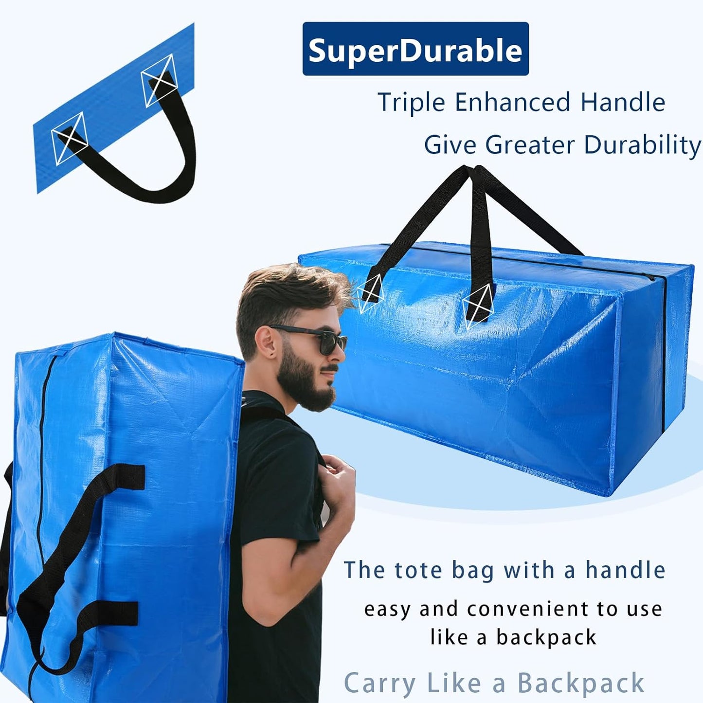 2 Pack Heavy Duty Extra Large Moving Bags Storage Tote - Strong Handles& Backpack Straps - Space Saving Storage Bags Alternative to Moving Boxes and Bins,Compatible with Ikea Frakta Cart, Blue