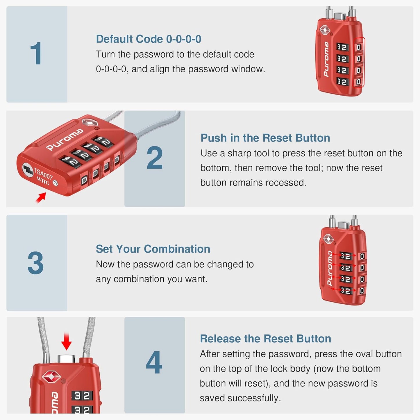 Puroma 2 Pack TSA Approved Luggage Lock, 4 Digit Combination Travel Locks Resettable Code Lock with Zinc Alloy Body for Suitcase, Toolbox, Backpack, Bag, Gym Locker (Red)