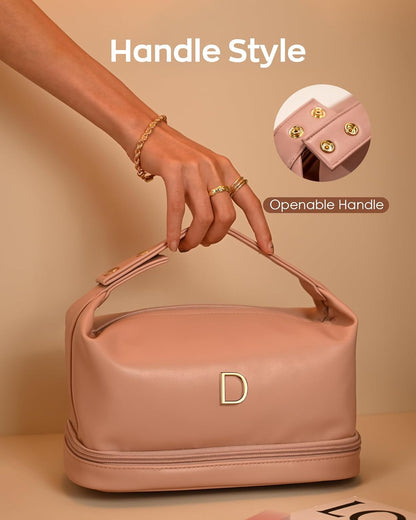 Wedding Gift-Travel Essentials, Presents for Women Makeup Bag with Handle, Initial Cosmetic Bag with Makeup Brush Organizer, PU Leather Travel Toiletry Bag, Gifts for Friends Female Mom