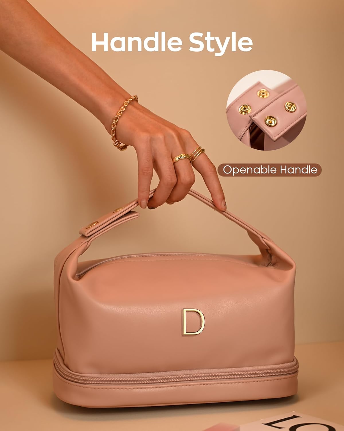 Makeup Bag Personalized Bags with Handle, Waterproof Double Layer Cosmetic Bag, Large Capacity PU Leather Makeup Bags Letter Travel Toiletry Bag with Makeup Brush Organizer