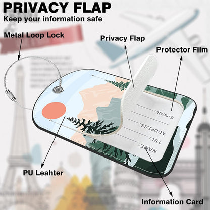 2 Pack Luggage Tag for Suitcase Sun Mountains Tree River Landscape Leather Suitcase Tags with Privacy Name ID Label and Stainless Steel Loop for Travel Bag