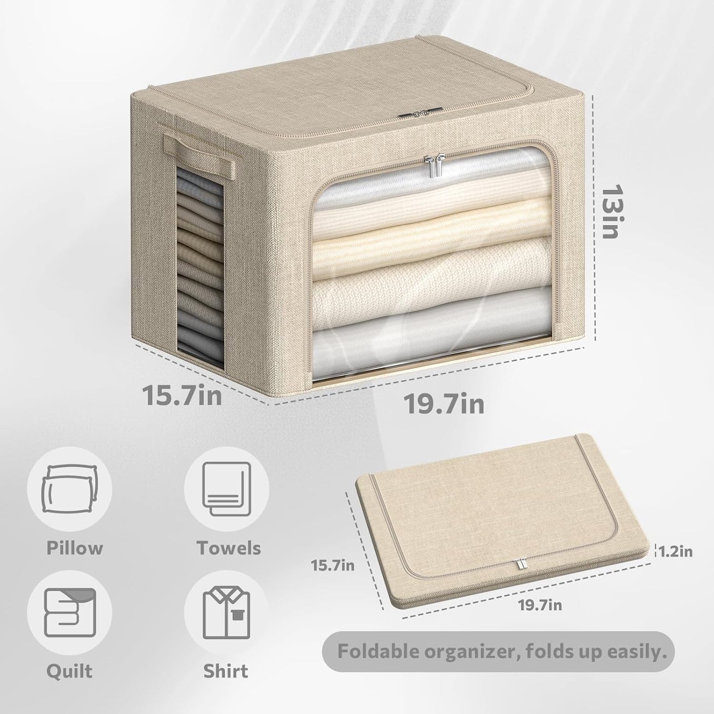 4 Pack Clothes Storage Bins with Metal Frame - Linen Fabric Foldable Stackable Container Organizer Set with Clear Window & Carry Handles & Zippers (Beige, 19.7"x15.7"x13")