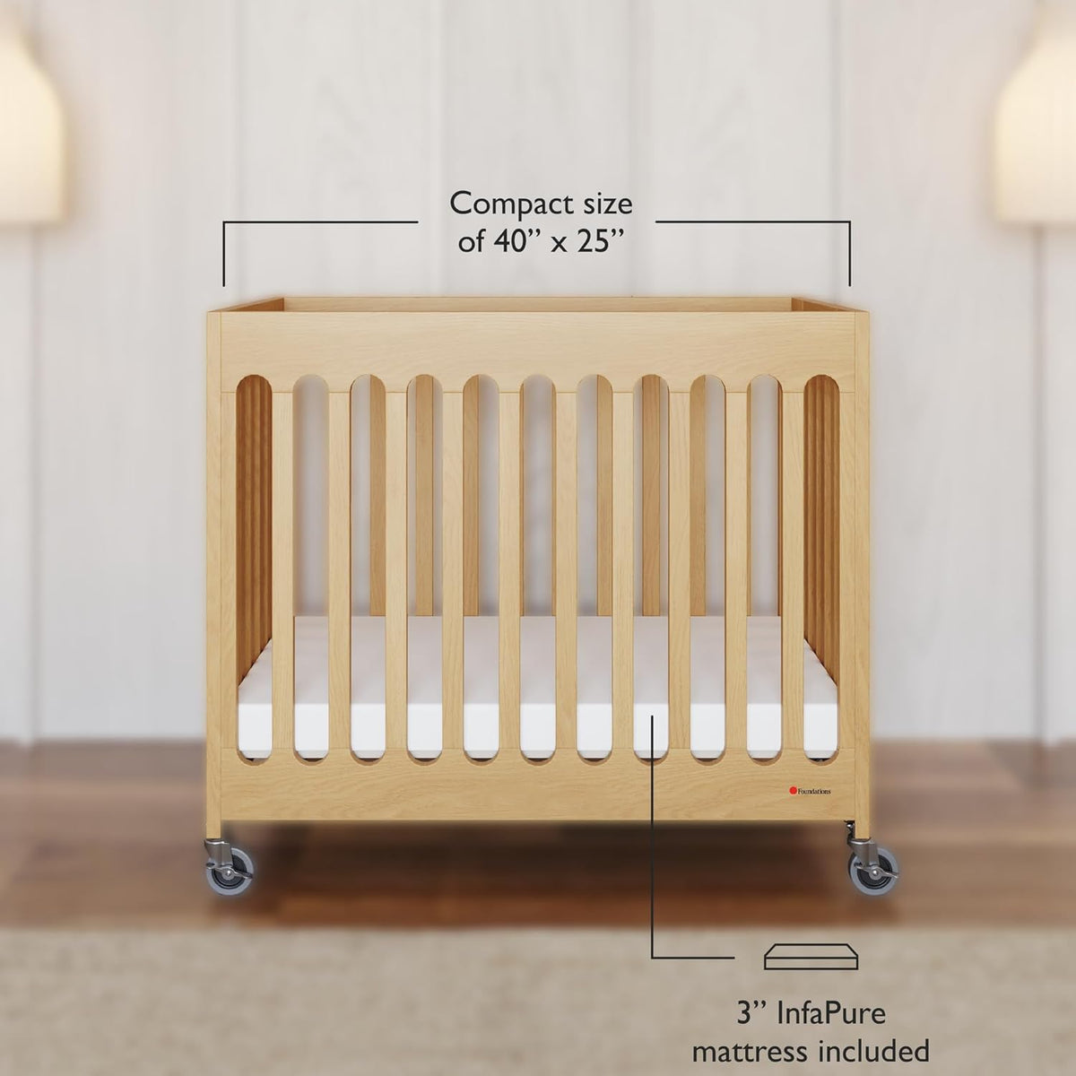 Foundations Boutique Folding Mini Baby Crib - Compact, Portable, Wooden Hotel Crib, Foldable Mini Crib for Baby & Toddlers - Includes 3" Foam Mattress, Natural