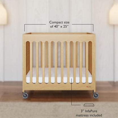 Foundations Boutique Folding Mini Baby Crib - Compact, Portable, Wooden Hotel Crib, Foldable Mini Crib for Baby & Toddlers - Includes 3" Foam Mattress, Natural