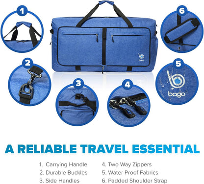 Bago Big XXL Foldable Duffel Bags for Traveling Women & Men - 140L Packable Duffle Bag for Travel with Shoe Compartment - Water Repellant, Heavy Duty, Lightweight Folding & Collapsible (SnowDepBlue)