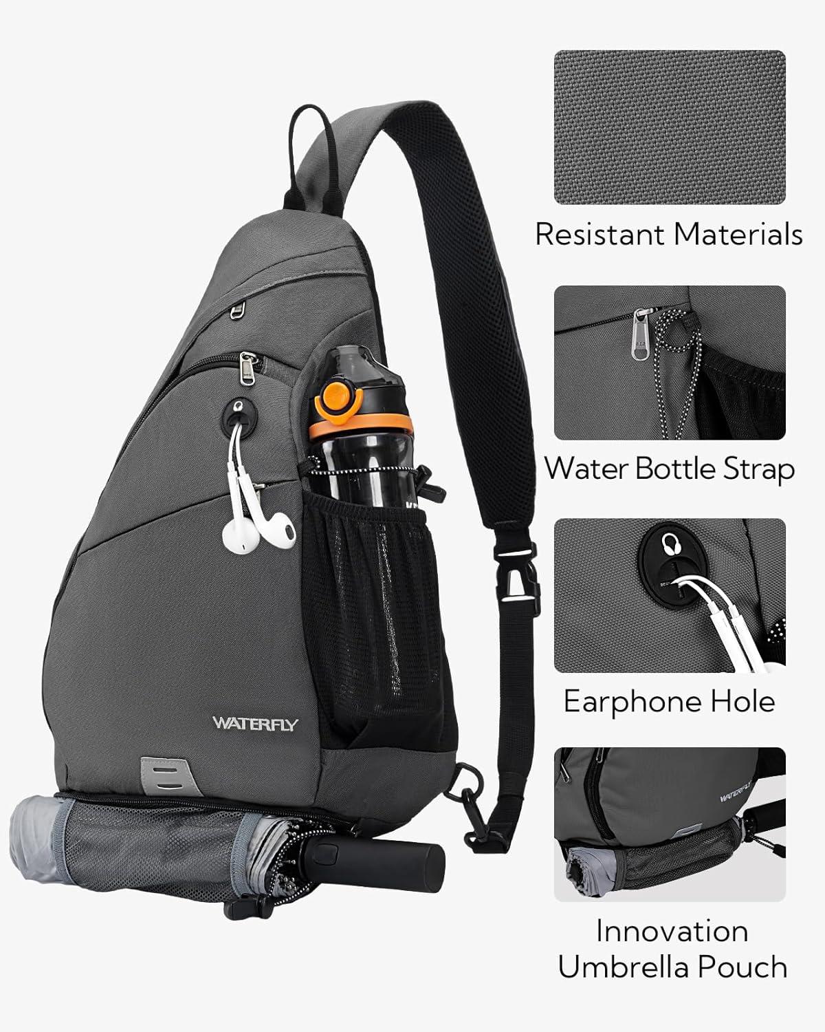 WATERFLY Large Crossbody Sling Bag: Over Shoulder Backpack Daypack Casual Cross Chest Side Pack
