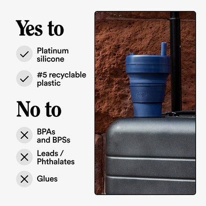 STOJO Collapsible Travel Cup - Reusable To-Go Pocket Size Silicone Bottle for Hot and Cold Drinks - Perfect for Camping - Microwave & Dishwasher Safe (Denim, 12 Ounce (Pack of 1) - No Straw)
