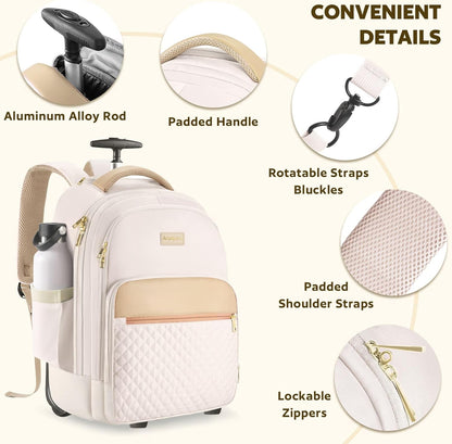 Small Rolling Backpack, Underseat Carry On Luggage With Wheels For Adults, 15.6 Inch Wheeled Backpack for Women, Travel Roller Bag, Beige