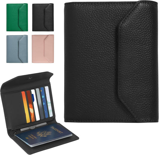 Leather Passport Holder for Travel,Passport Book Holder，Rfid Blocking Travel Wallet Protect Your Card Security, Travel Document Organizer for Men Women,Airport Essentials Gift (Black)