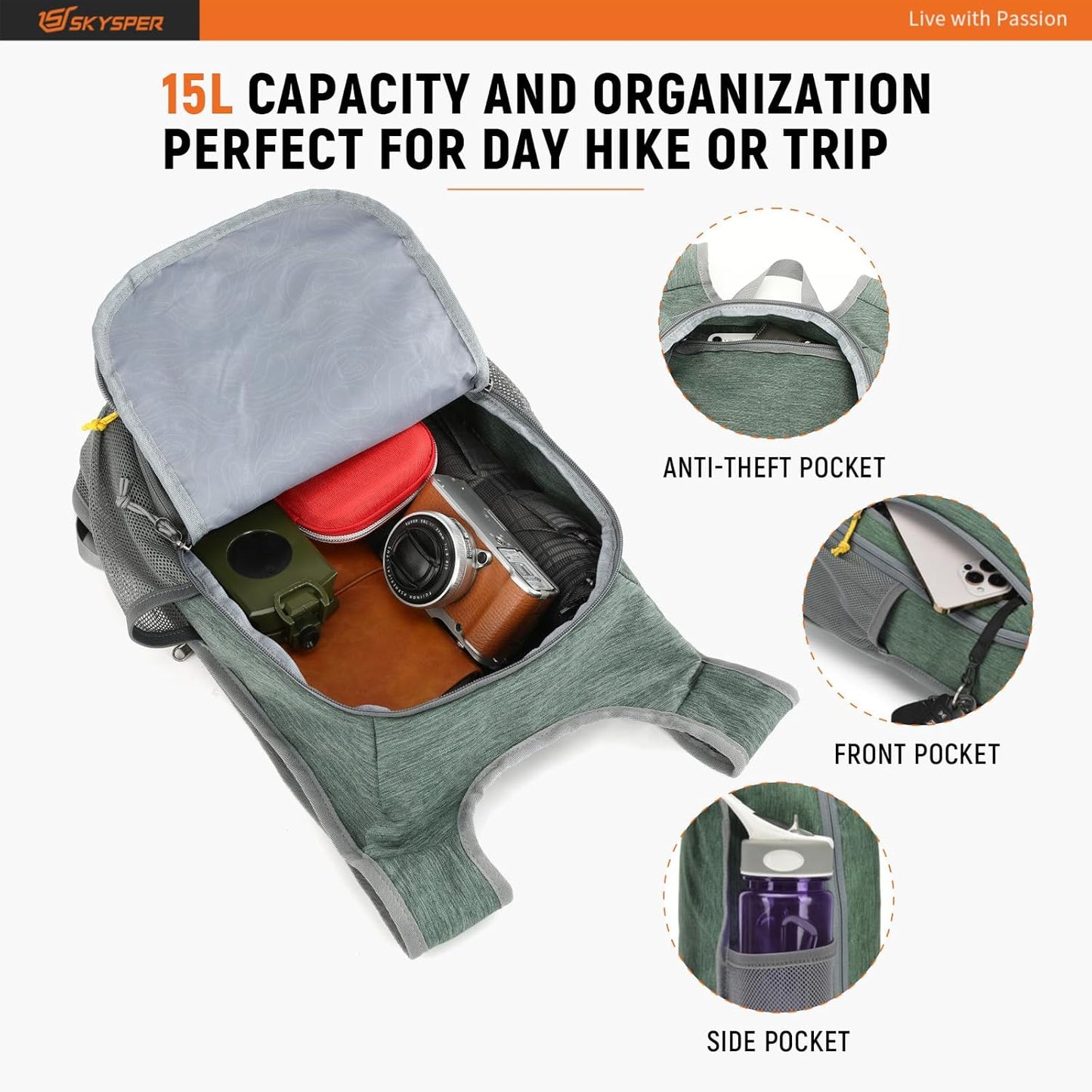 SKYSPER Small Daypack 10L/15L/20L Hiking Backpack Packable Lightweight Travel Day Pack for Women Men