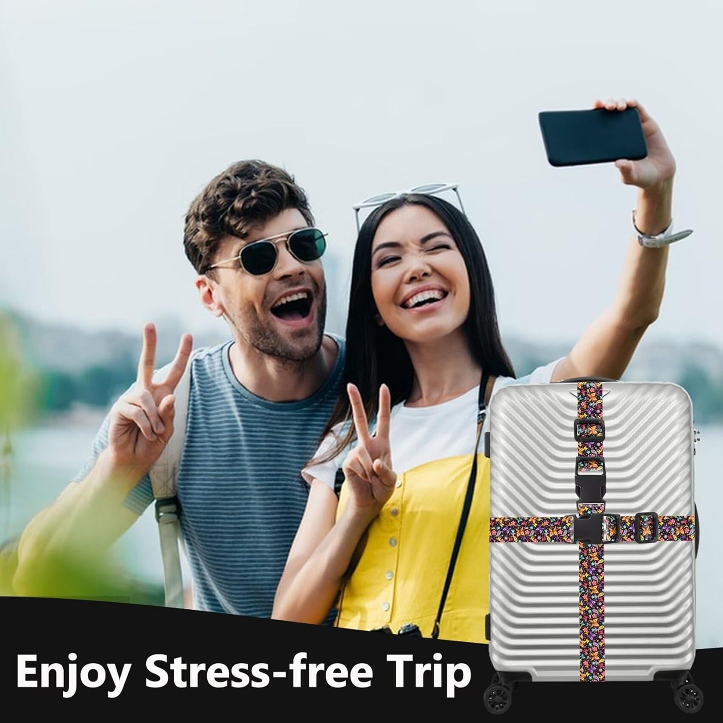 2 Pack Luggage Straps for Suitcases Adjustable Luggage Belt TSA Approved, Bright Colors Travel Packing Straps with Quick Release Buckle Unique Nylon for Sleeping Bag Car Seat, Butterfly Black