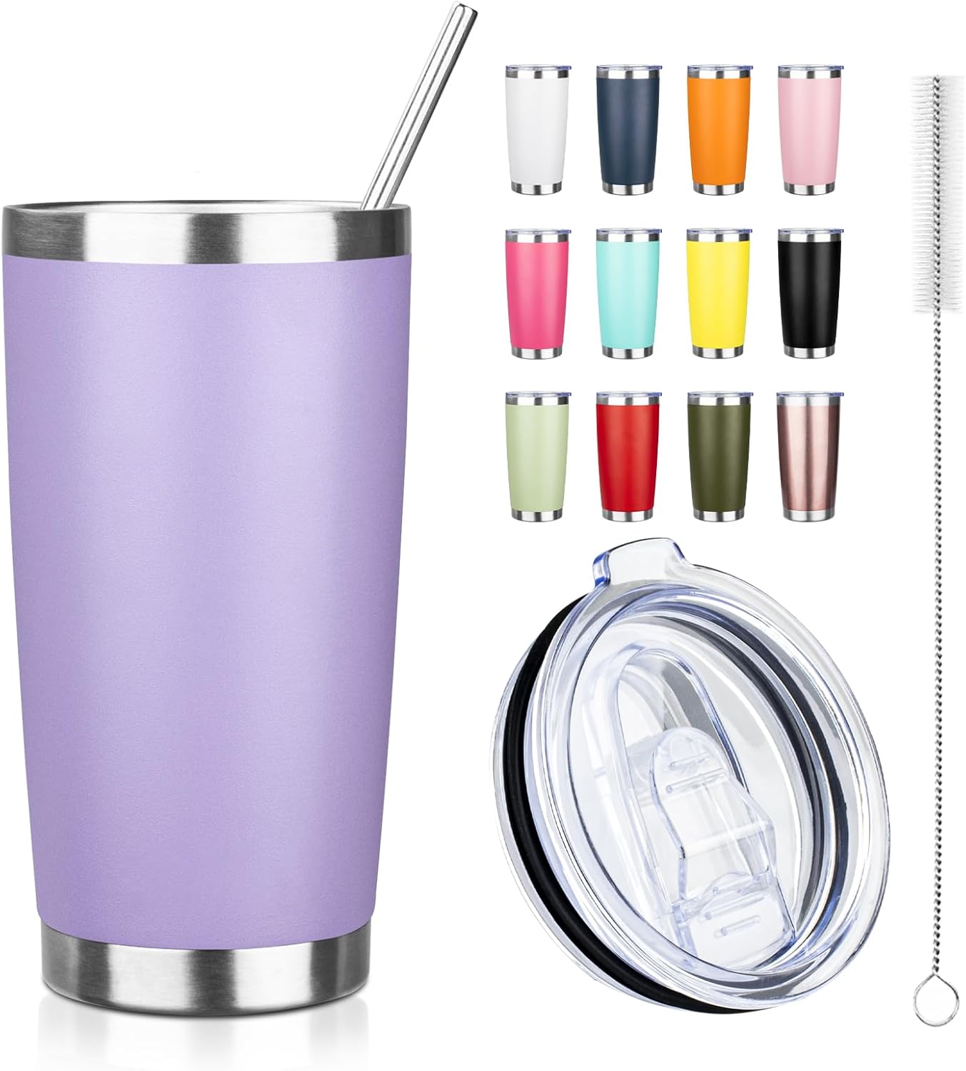 20oz Tumbler with Straw and Brush, Stainless Steel Vacuum Insulated tumbler, Double Wall Insulated Coffee Tumbler for Outdoor, Home, Travel,Office (Lilac,1pcs)