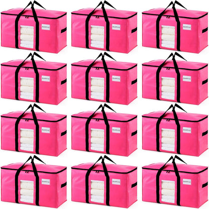 TAILI 12 Pack Pink Extra Large Moving Bags, Heavy Duty Totes with Visible Window, Wrap Around Handles, Space-Saving Storage Solution, Alternative to Moving Boxes