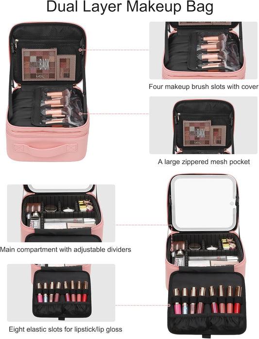 Relavel Makeup Bag with LED Mirror, Travel Makeup Case with Rechargeable Lighted Mirror 3 Color Lights, Dual Layer Cosmetic Box Makeup Brush Lipstick Holder Organizer for Women, Leather Pink