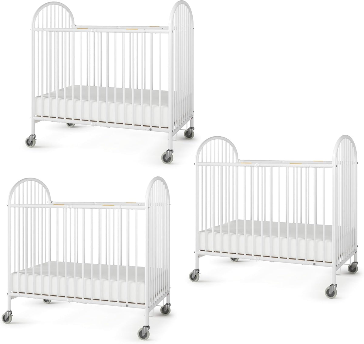 Foundations Pinnacle Metal Compact Folding Crib 3 Pack for Hotels, Foam Mattress Included and Commercial Grade 3" Casters (White)