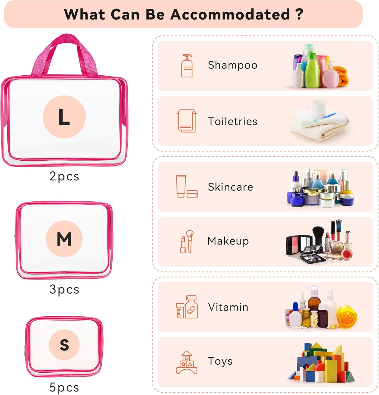 TISRATOK 10 PCS Clear Travel Makeup Toiletry Bag, Plastic PVC Cosmetic TSA Approved Organizer Kit with Zipper Handbag（Rose Red）