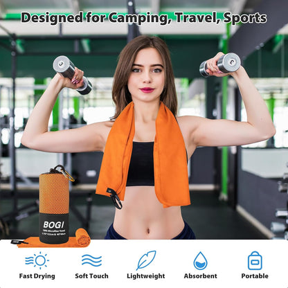 BOGI Microfiber Travel Sports Towel - Quick Dry, Soft Lightweight, Compact for Camping, Gym, Yoga, Swimming, Backpacking (XL:72''x32''+16''x16'' - Orange)