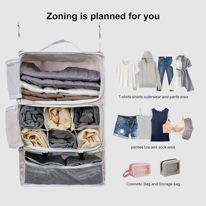 TABITORA Travel Portable Hanging Shelves Closet Organizer Packing Luggage Storage with Multifunctional and Foldable Invisible Compartment,Lightweight, for Suitcase, RV,Closet…Pink,XL