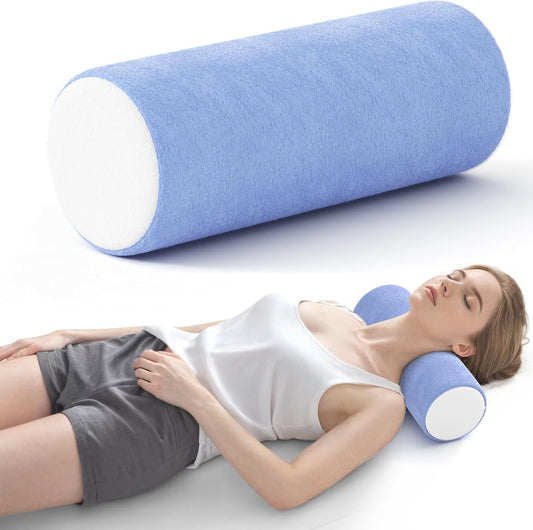Neck Roll Cervical Pillow for Neck Pain Relief - Memory Foam Neck Pillow for Bed, Round Neck Pillows for Sleeping, 16 * 6.3 * 6.3inch (Blue-White)