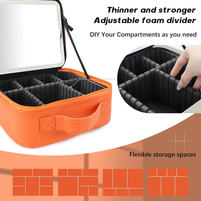 Makeup Bag with Led Mirror,Travel Makeup Organizer with 3 Color Setting, Portable Storage and Adjustable Dividers Travel Makeup Bag(Orange)