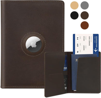 Airtag Passport Holder for Men and Women Travel, Real Leather Passport Wallet, Handmade Passport Cover Case with Airtag Slot, Travel Must Haves Essentials Accessories Birthday Gift(Crazy Horse,Coffee)
