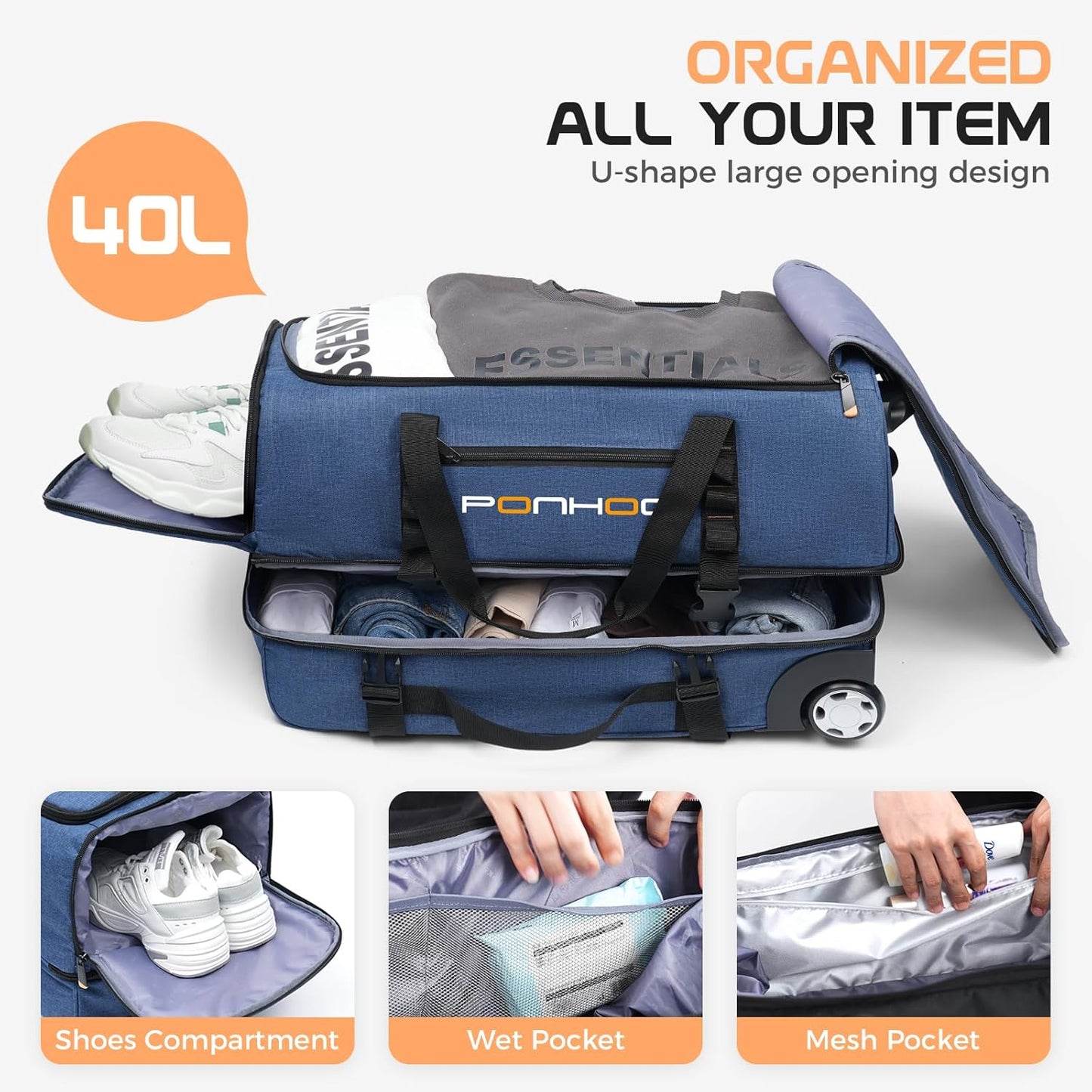 Rolling Duffle Bag with Wheels, Large Travel Duffel Bag with Shoe Compartment, Water Resistant Rolling Wheeled Luggage for Men Women Weekender Overnight Trip