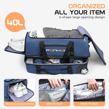 Rolling Duffle Bag with Wheels, Large Travel Duffel Bag with Shoe Compartment, Water Resistant Rolling Wheeled Luggage for Men Women Weekender Overnight Trip