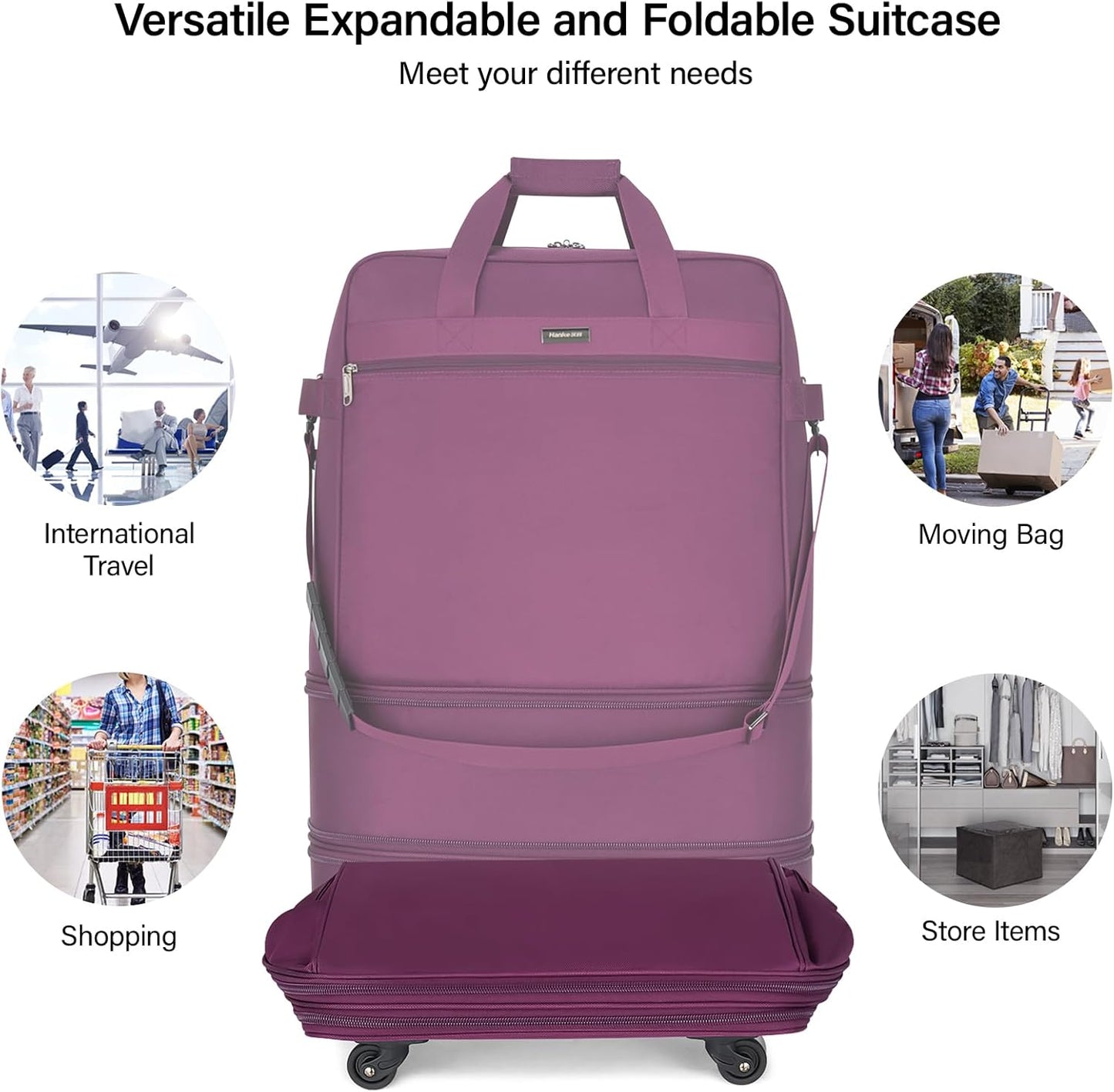 Hanke Suitcases with Wheels Expandable Foldable Luggage Bag Suitcase Collapsible Rolling Travel Bag Duffel Bag for Men Women Lightweight Suitcases without Telescoping Handle, Purple