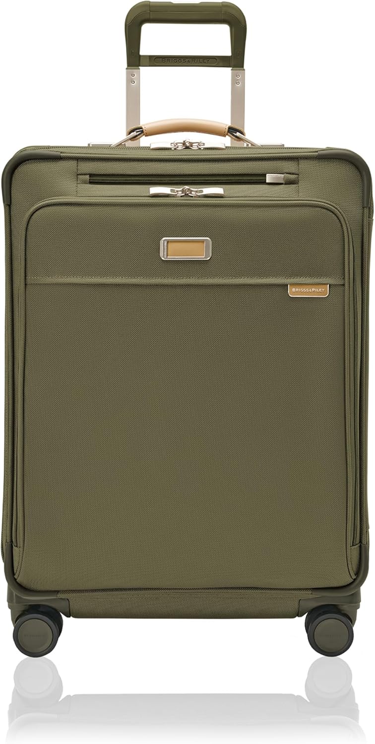 Briggs & Riley 26" Medium Expandable Spinner - Checked Luggage for Travel, Suitcases with Wheels, Softside Rolling Bag for Men & Women, Self-Repairing Zipper - Baseline Collection, Olive