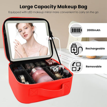 Travel Makeup Bag with LED Mirror and Light Travel Makeup Case Cosmetic Organizer Portable Cosmetic Brush Organizer Bag with Adjustable Dividers for Cosmetics Makeup Brushes Toiletry (Red)