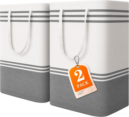 2 Pack Large Laundry Baskets, Laundry Hampers, Freestanding Waterproof Collapsible Clothes Bag with Extended & Reinforced Handles - Clothes Basket for Dorm, Bathroom, Home (Light Grey/75L)