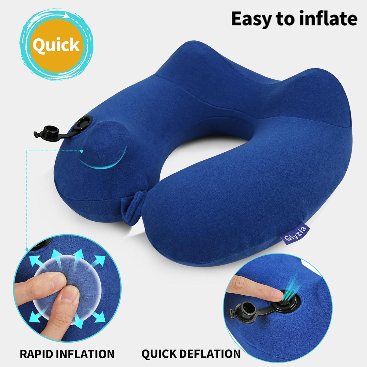 2 Pack Inflatable Travel Neck Pillows for Airplanes, Head Support Velvet Adult Neck Pillows for Long Flight, Kit with Eye Mask, Earplugs and Storage Bag, 2, Navy Blue