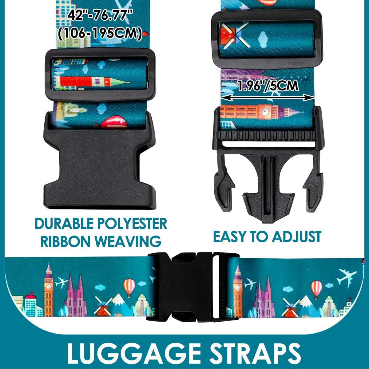 Adjustable Travel Luggage Strap Suitcase Belt Travel Bag Accessories 1.96 in W x 6.23 ft L