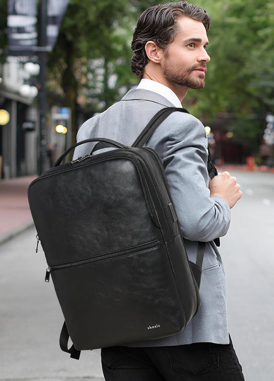 Vegan Leather Laptop Backpack for Women&Men,16 Inch Expandable Backpack with USB Charging Port,Two-toned Black