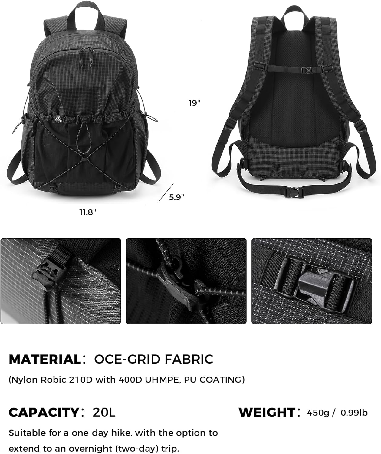 Lightweight Hiking Backpack, Camping Backpack 20L Small Backpacks Water Resistant Daypack for Women Men (Black)