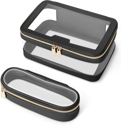 Travel Clear Makeup Bag with Makeup Brush Bag, Leather Makeup Case Toiletry Bag, Portable Cosmetic Bag Case, Transparent Waterproof Cosmetic Organizer Storage Bag for Women, Medium, Black