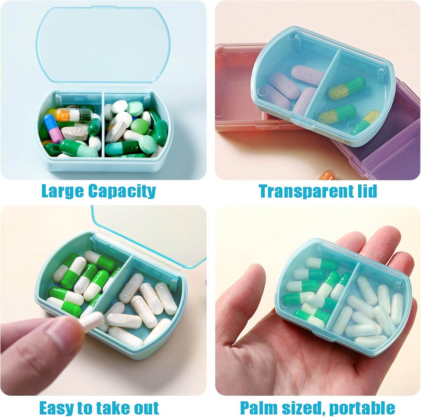 4PCS Small Pill Case Travel Pill Box Cute Pill Organizer for Purse Portable Daily Medicine Organizer 2 Compartment Pill Holder for Vitamins, Fish Oil, Supplements