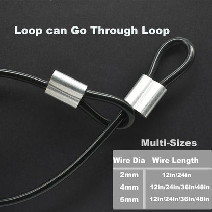10 Pcs 2mm Wire 24 inch Vinyl Coated Stainless Steel Cable with Loops Short Wire Rope Lanyard Lock Security Chain Link for Outdoor Gates, Black (2mm x 24inch)