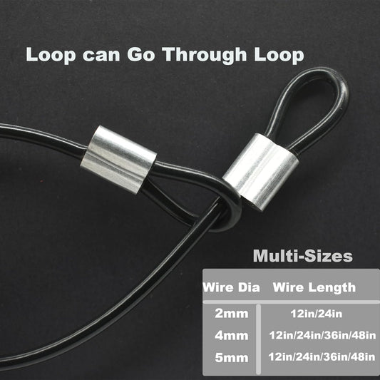 10 Pcs 2mm Wire 24 inch Vinyl Coated Stainless Steel Cable with Loops Short Wire Rope Lanyard Lock Security Chain Link for Outdoor Gates, Black (2mm x 24inch)