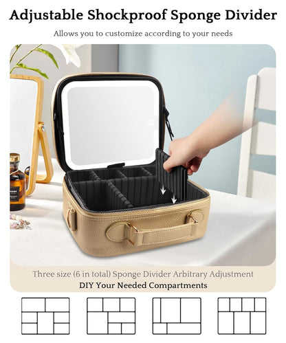 MOMIRA Travel Makeup Bag Cosmetic Bag with Lighted Mirror, Adjustable Brightness in 3 Color Scenarios/Detachable makeup mirror, All-round Upgrade, Waterproof, Gift for Women -Gold