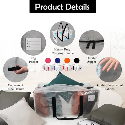 8 Pack Heavy Duty Extra Large Moving Bags with Multicolor Handles, Waterproof Foldable Storage Totes, Clothing Storage Bags, Packing Moving Boxes for College Supplies & Seasonal Storage, Clear