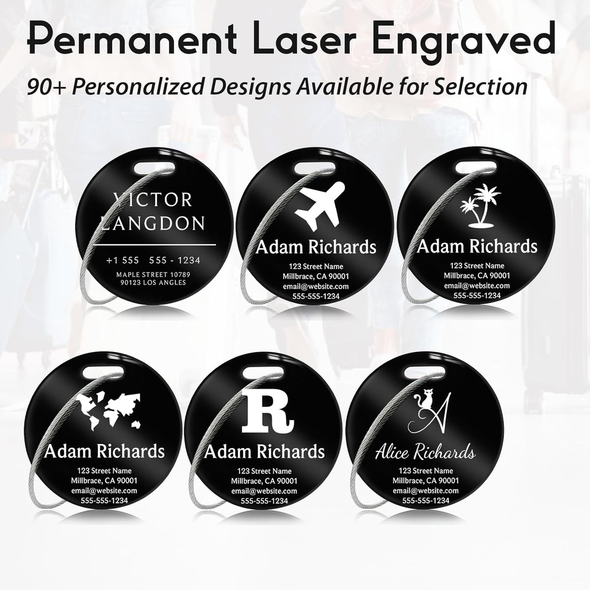 Customized Stainless Steel Luggage Tags: Personalize Your Suitcases, Backpacks, and Bags with Your Text (Black)