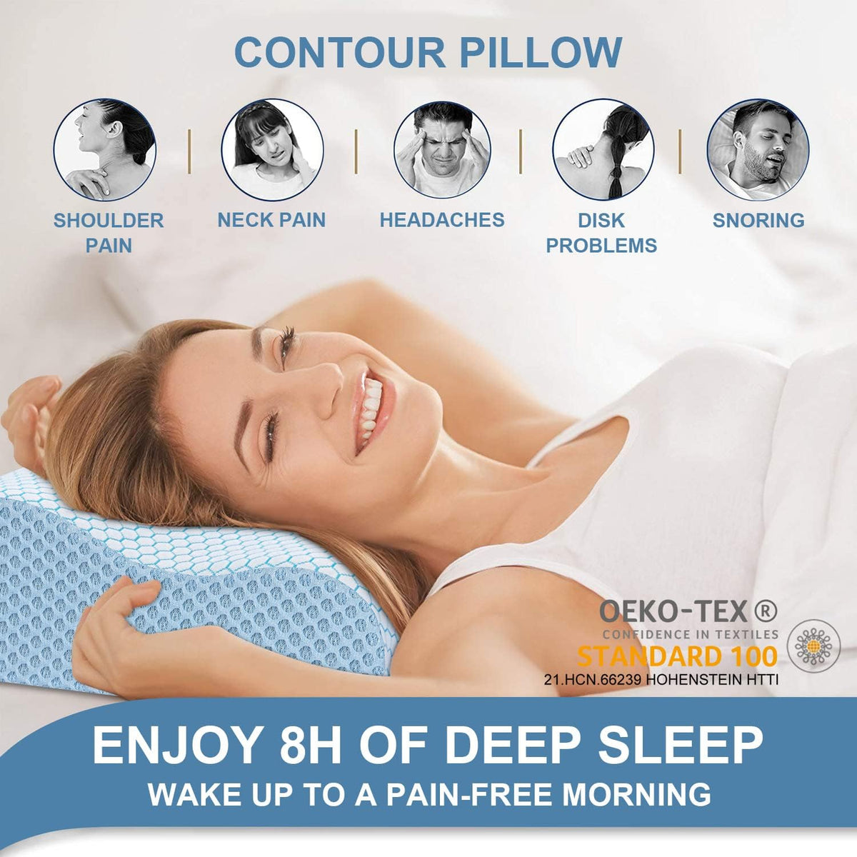 Anvo Memory Foam Pillow, Neck Contour Cervical Orthopedic Bed Pillow for Sleeping Side Back Stomach Sleeper, Ergonomic Design for Neck and Shoulder Pain Relief, Blue White, Firm