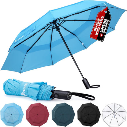 PTEROMY Windproof Compact Travel Umbrellas for Rain and Sun, Withstands 85MPH Winds Auto Open Close Folding Umbrella with Ergonomic Handle, Quick Dry Canopy for Commuting or Backpack